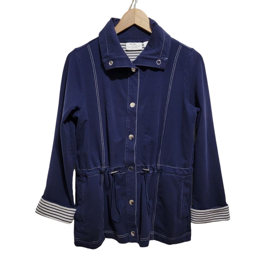 Sport Savvy Womens Blue and White Lined Light Jacket Size Small Style A92329
